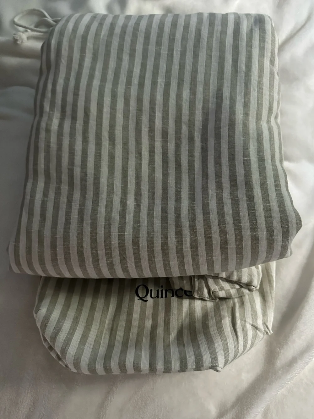 Quince European Linen Duvet Cover- willowleaf/white stripe- king